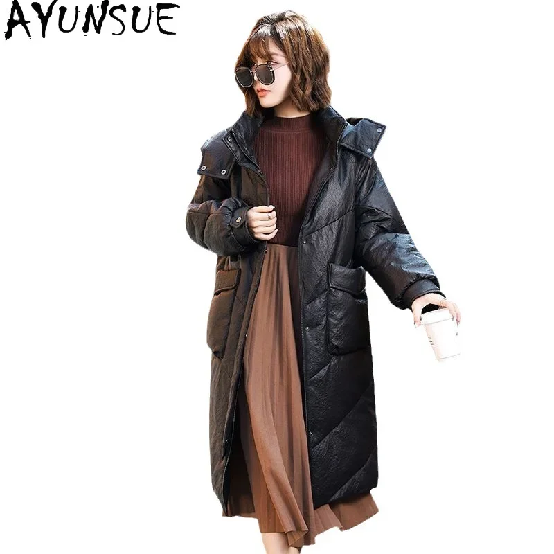 AYUNSUE-Chaqueta de piel de oveja auténtica para mujer, abrigos largos de plumón con capucha, prendas de vestir exteriores, alta calidad, Invierno