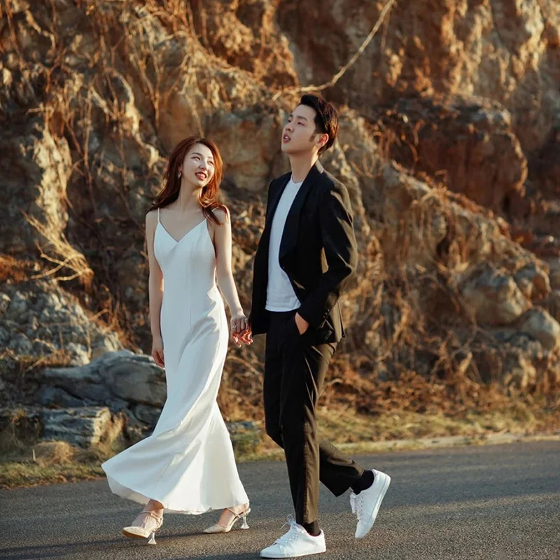 

Light Satin Wedding Dr V-Ne High Waist Strapl Simple Sle Outdoor Lawn Wedding Dr A-Line Skirt No Sve