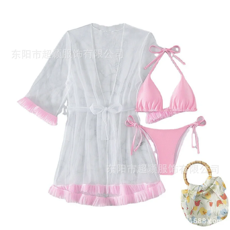 bikiniMesh Cover-Up Three-Piece Swimsuit Set for Women with Sexy 3D Lace Trim, Two-Piece Beach Bikini