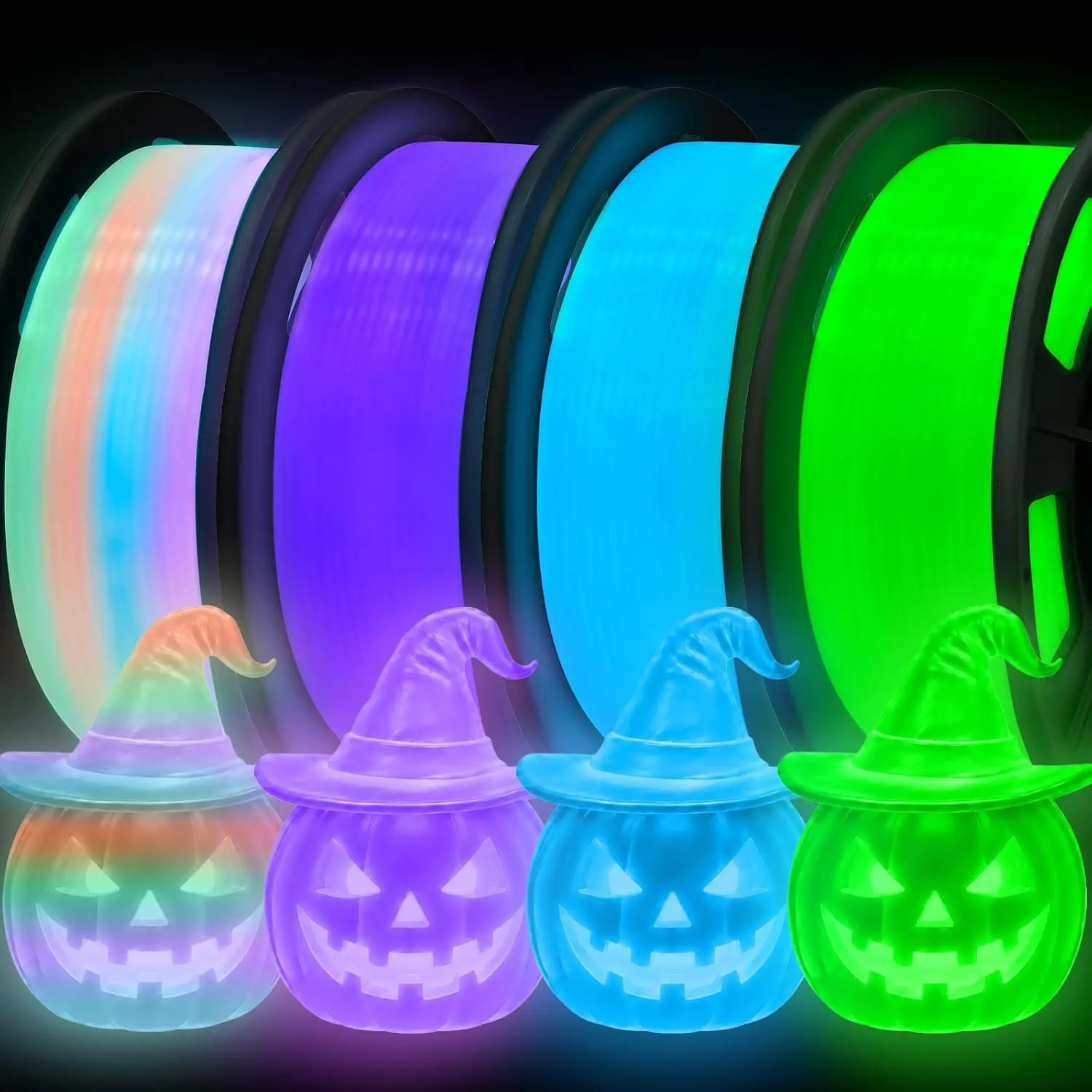 Glow in The Dark PLA Filament 1.75 mm 250g X 4 Pack, 4‑Color Glowing 3D Printer Filament for Halloween DIY Spooky Decorations