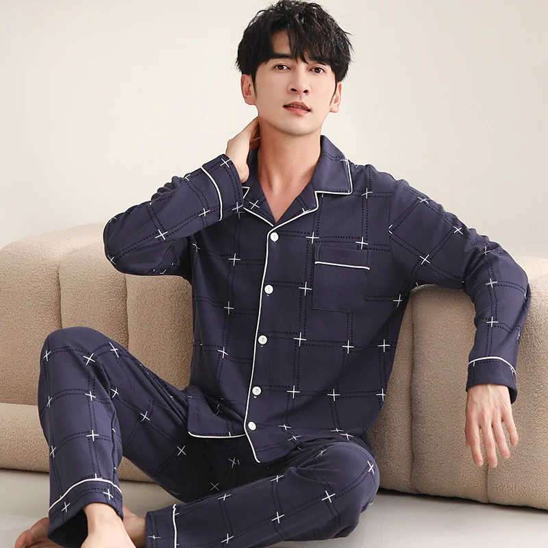 2024 Autumn/Winter New Men's Pajamas Combed Cotton Cardigan Flip Collar Plaid Large Loose Casual 2-piece Set Home Furnishing