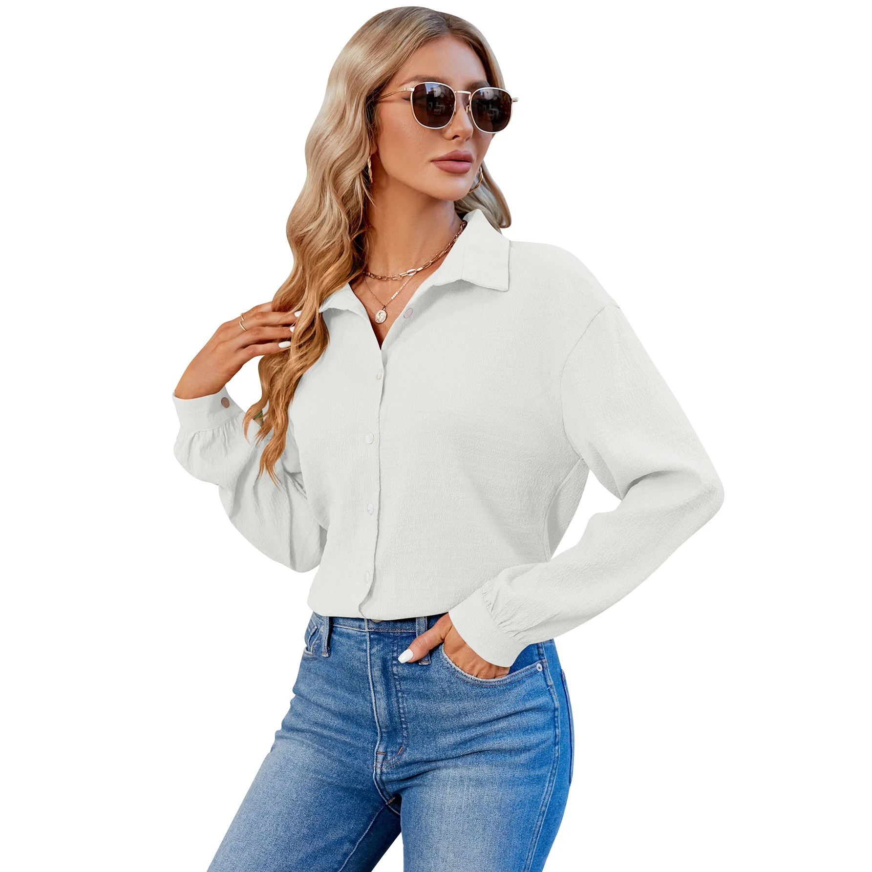 YJKDYK 2024 Spring Autumn Women\'s Blouses Women\'s Top With Sleeves Female Solid Color Bubble Wrinkled Commute Loose Shirt Top