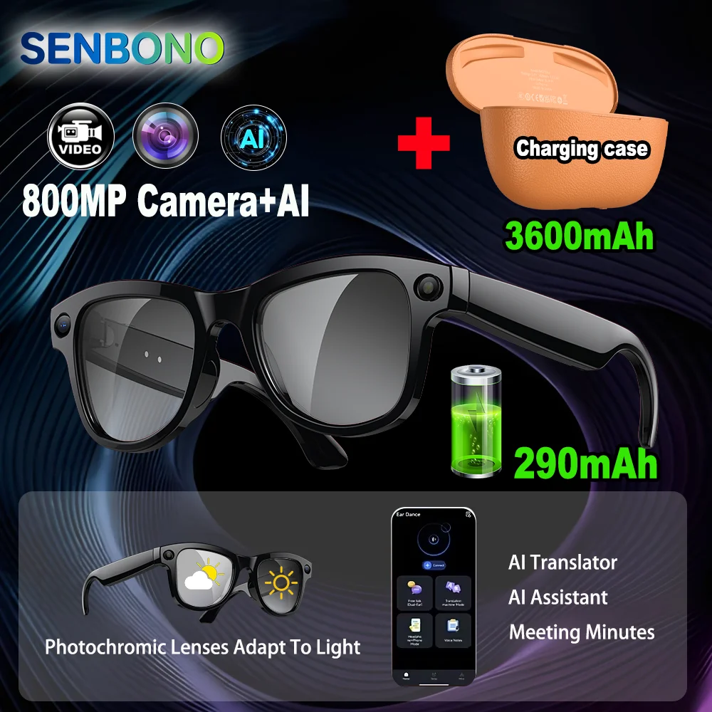 

SENBONO AI Smart Glasses with 8MP Camera Glasses Video Recording 100+ Languages Translator BT Call Music Play for Men Women