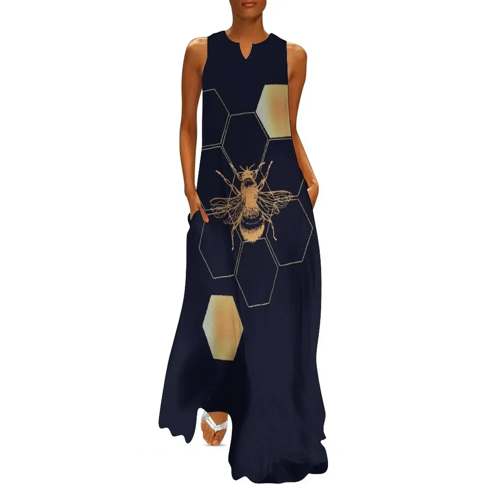 

Gold Honey bee with honeycomb hexagon pattern on navy background Long Dress summer dress prom dresses Cocktail of dresses Dress