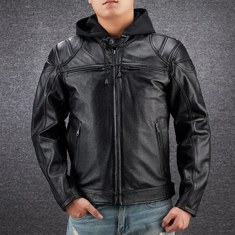 

New motorcycle suit top layer cowhide leather for men detachable with a cap protective gear and pockets large size