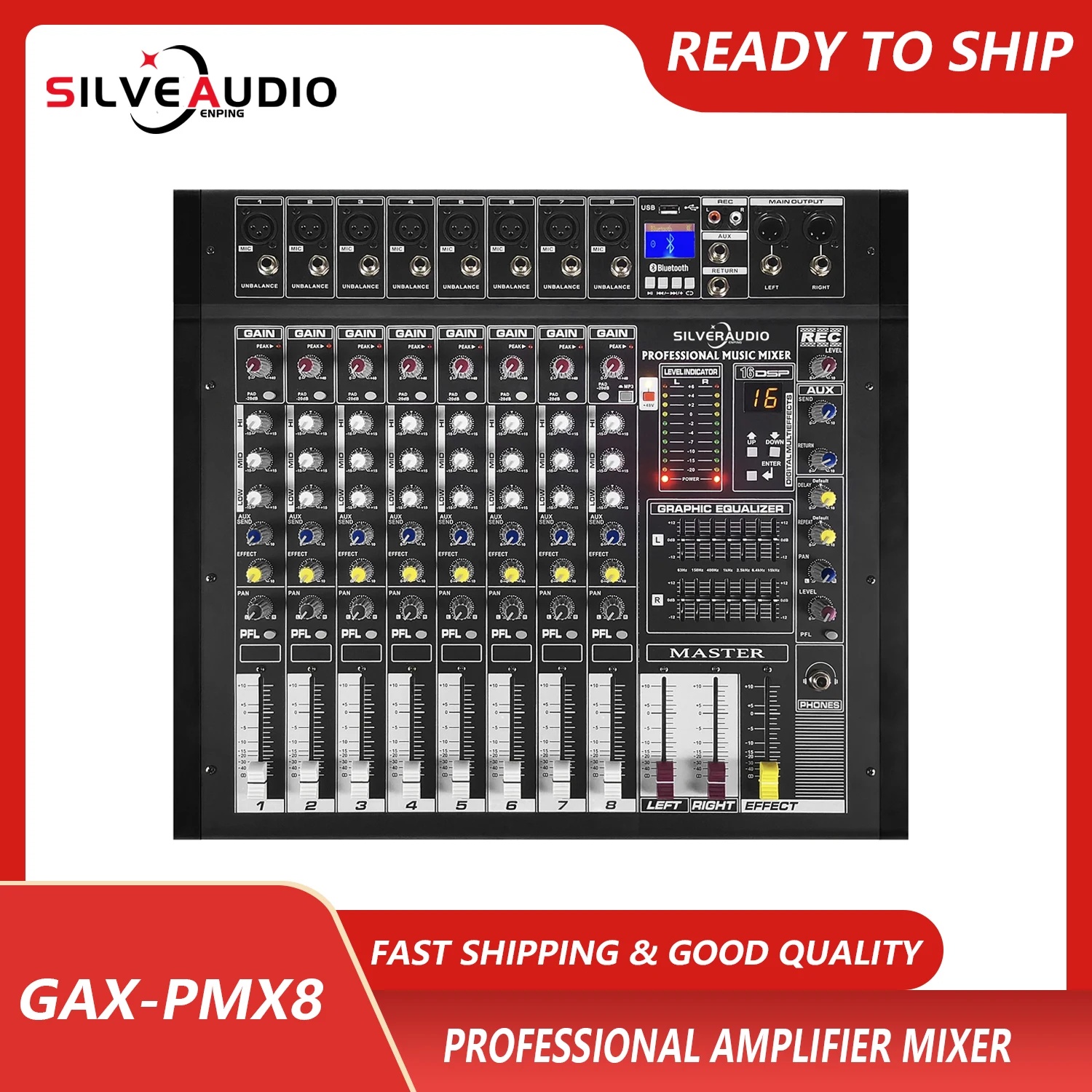 GAX-PMX8 Professional 500W Audio Mixer +48V Phantom Power 16DSP Effects Blueteeth USB Computer Play Recording Power Mixer