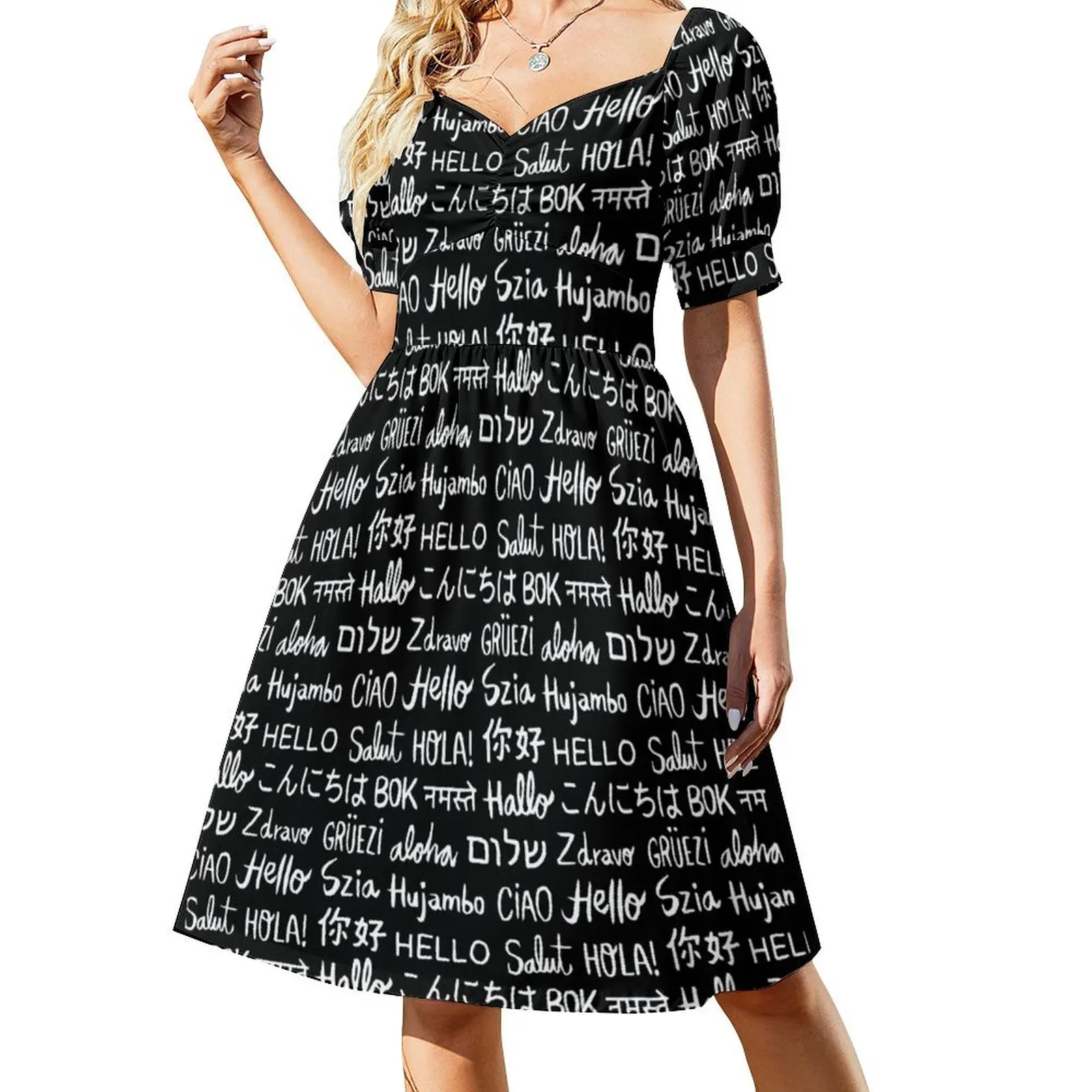 

Hello Word Pattern In Different Languages white Short Sleeved Dress dress for women 2025 Dress vintage