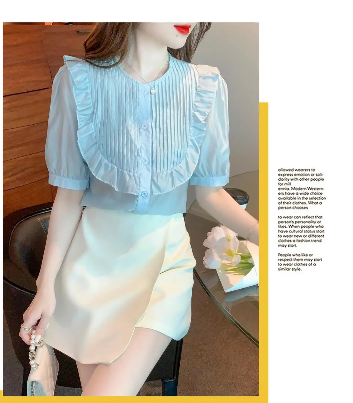 Letnia bluzka z szyfonu z falbankami Damska nowa moda Elegancka modna bluzka z krótkim rękawem