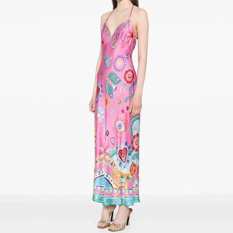 Robe longue en Satin imprimé à bretelles, dos nu, pour femmes, Banquet, Sexy, col en V, sans manches, ajourée, vacances d'été
