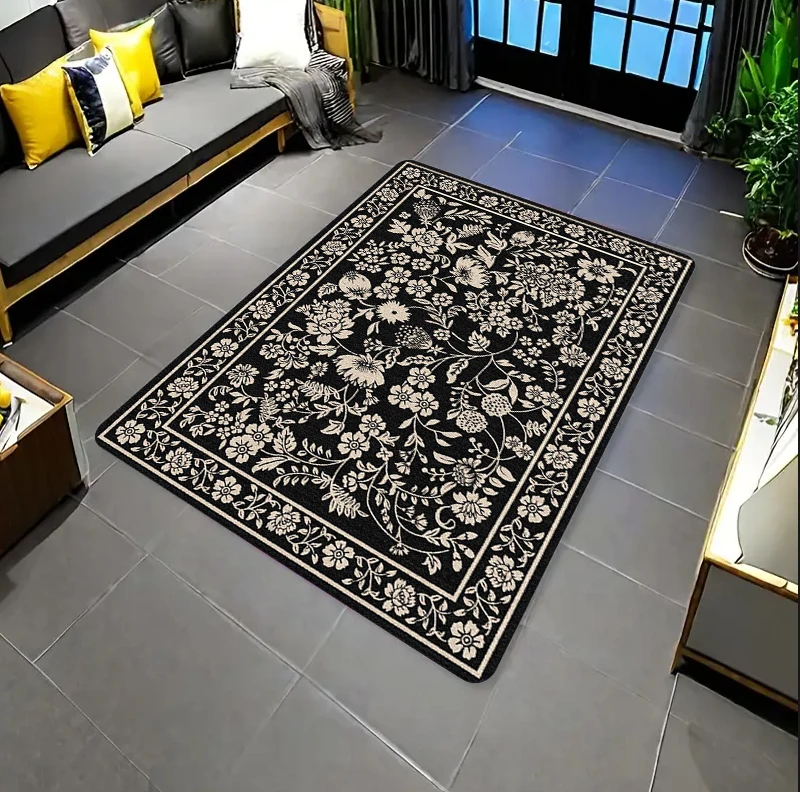 Vintage Black Beige Floral Area Rug Boho Botanical Print NonSlip Washable Floor Mat for Living Room Bedroom Home Decor