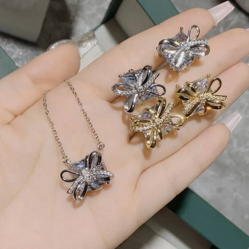 

MDL Moissanite style Bow Gemstone Earrings Set Women Gold Plated Multi-Cut Geometric Cubic Sugar Zirconia Stud Earrings