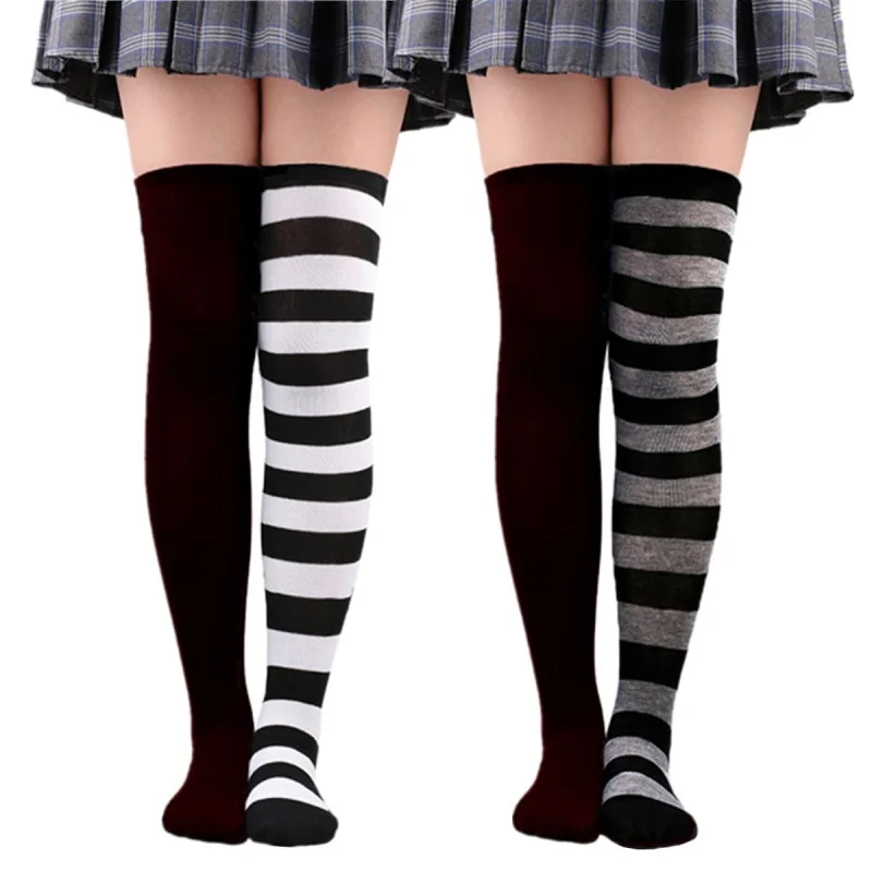 

2 пары полосатых гольфов для женщин, чулки выше колена в тон для девочек, женские полосатые гольфы до бедра