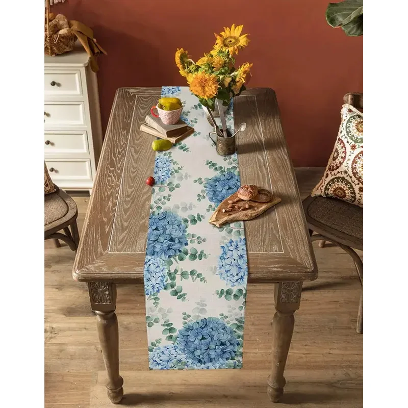 VIKAMA Blue Hydrangea Eucalyptus Linen Table Decoration Table Banner Farmhouse Kitchen Table Decoration Table Runner
