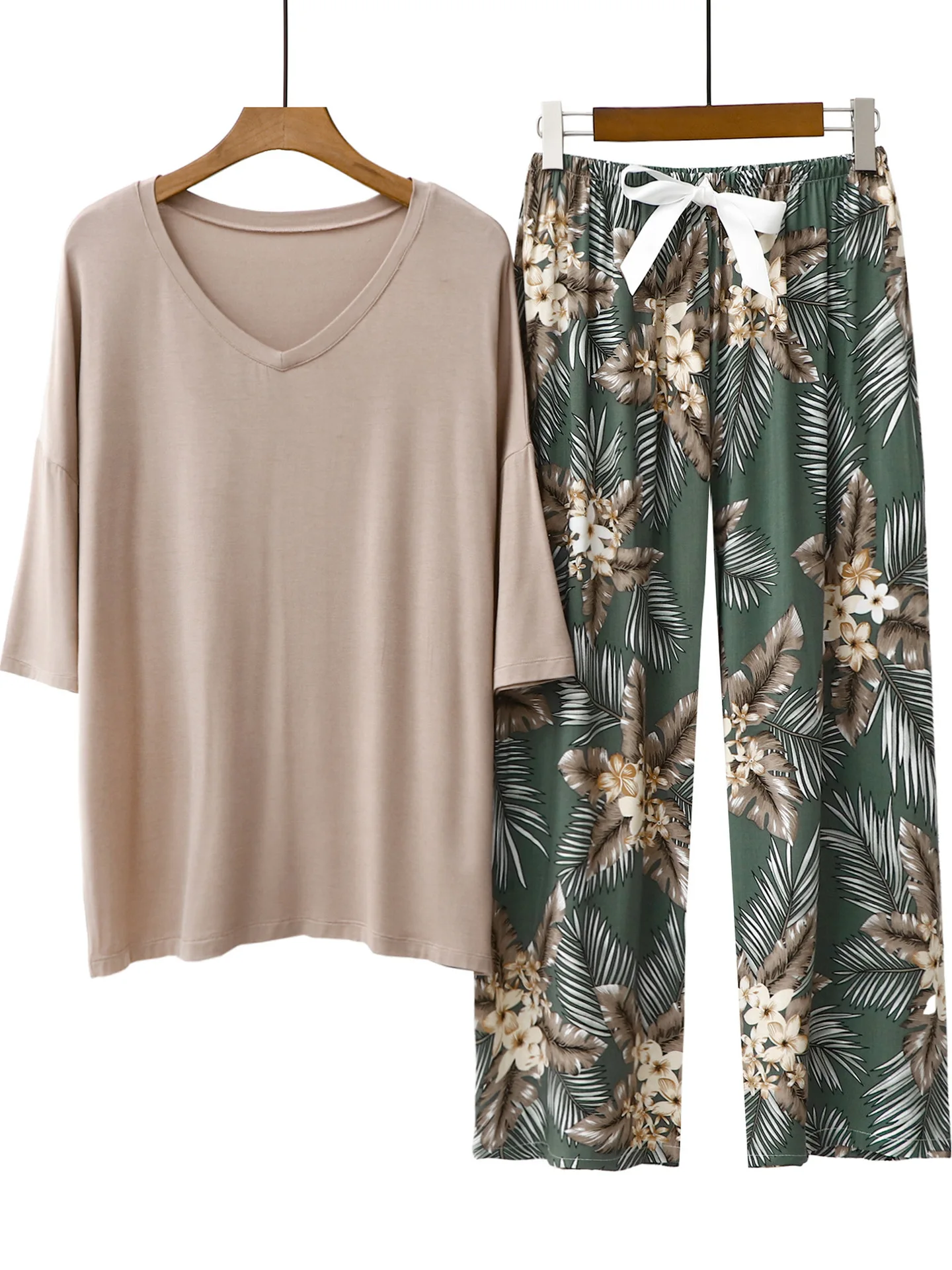 

Women's Casual Home Wear Pajama Suit ort Sve V-Ne Mid-Length Dr Long Pants Summer Season Comfortable Spwear Set