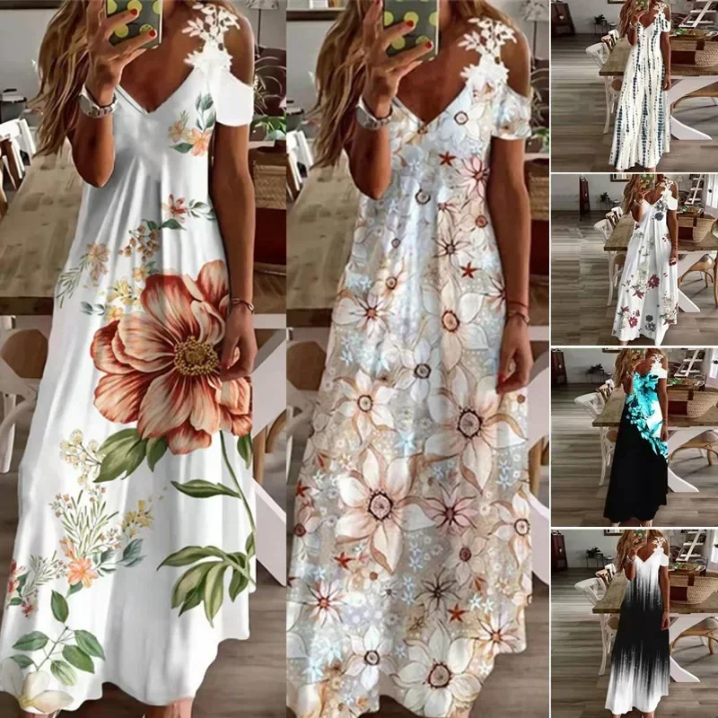 Women Floral Print Maxi Dress Boho Lace Sling Hollow Out A Line Long Dress Ladies Casual Loose V-Neck Beach Party Dress Vestidos