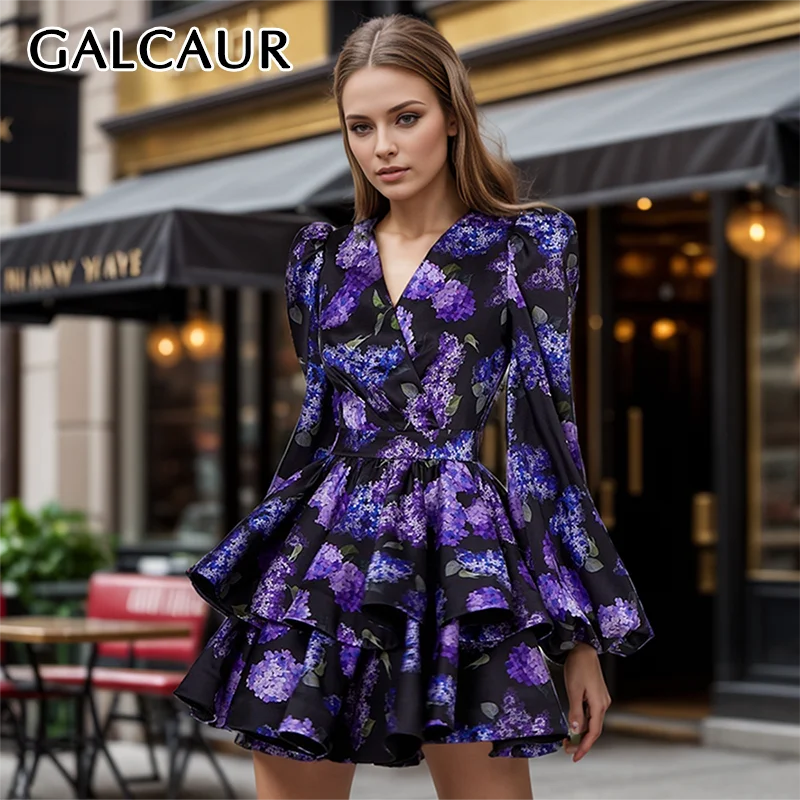 GALCAUR Luxury Colorblock Mini Dress For Women V Neck Lantern Sleeve High Waist Spliced Ruffels Trim Dresses Female Autumn New