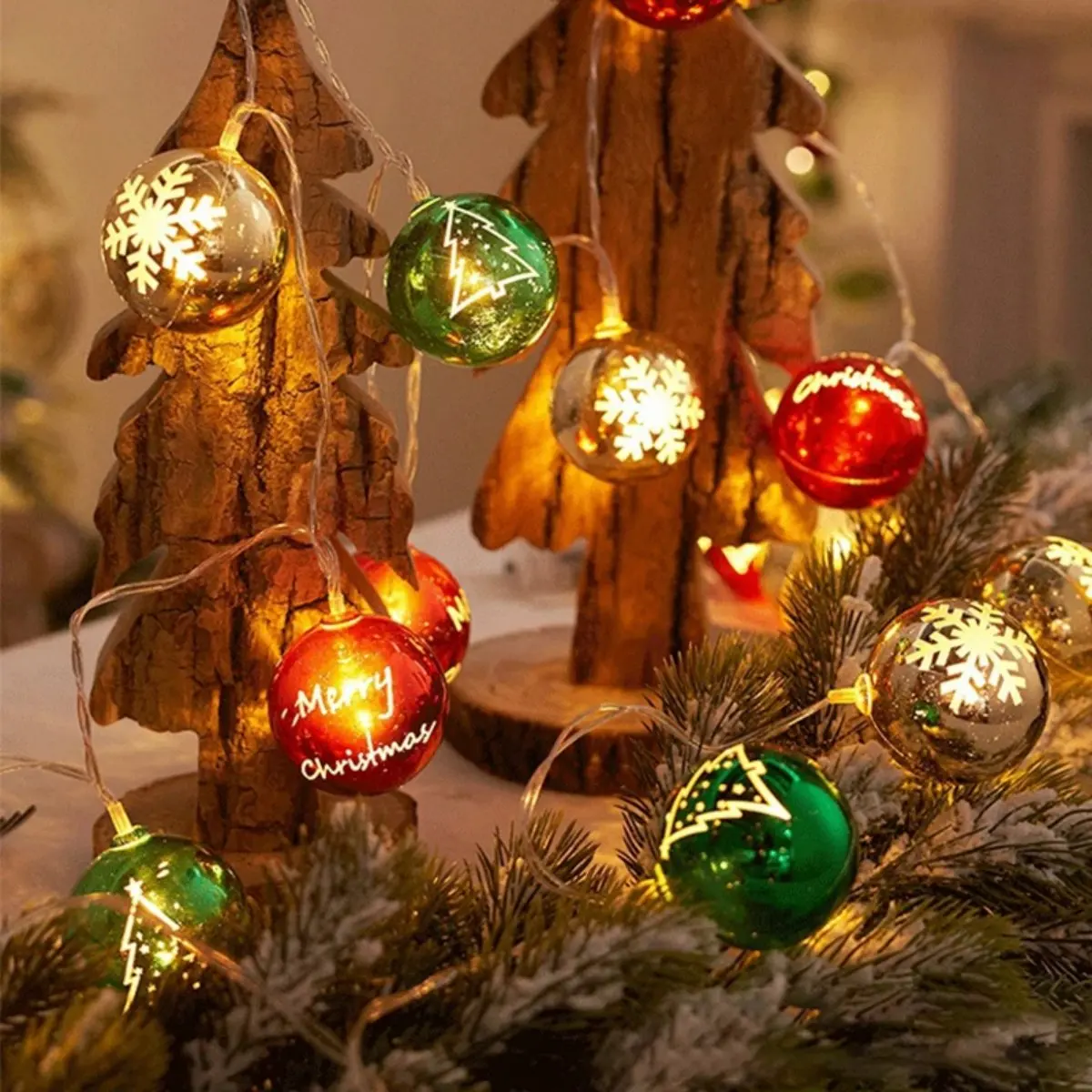 1pc 10/20 LED Christmas Ball String Lights Hollow Globe String Lights Printed “Merry Christmas”Battery Operated Fairy Lights