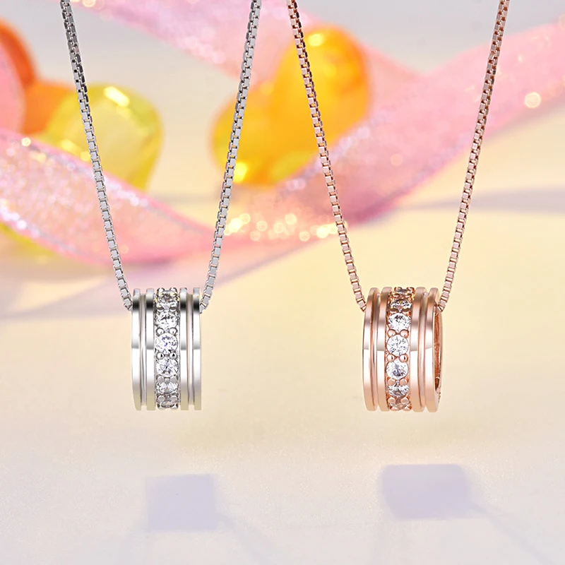 New Fashion 925 Sterling Silver Rotatable Round Zircon Pendant Neckalces Women Jewelry Elegant Rose Gold Chain Rhinestone Choker