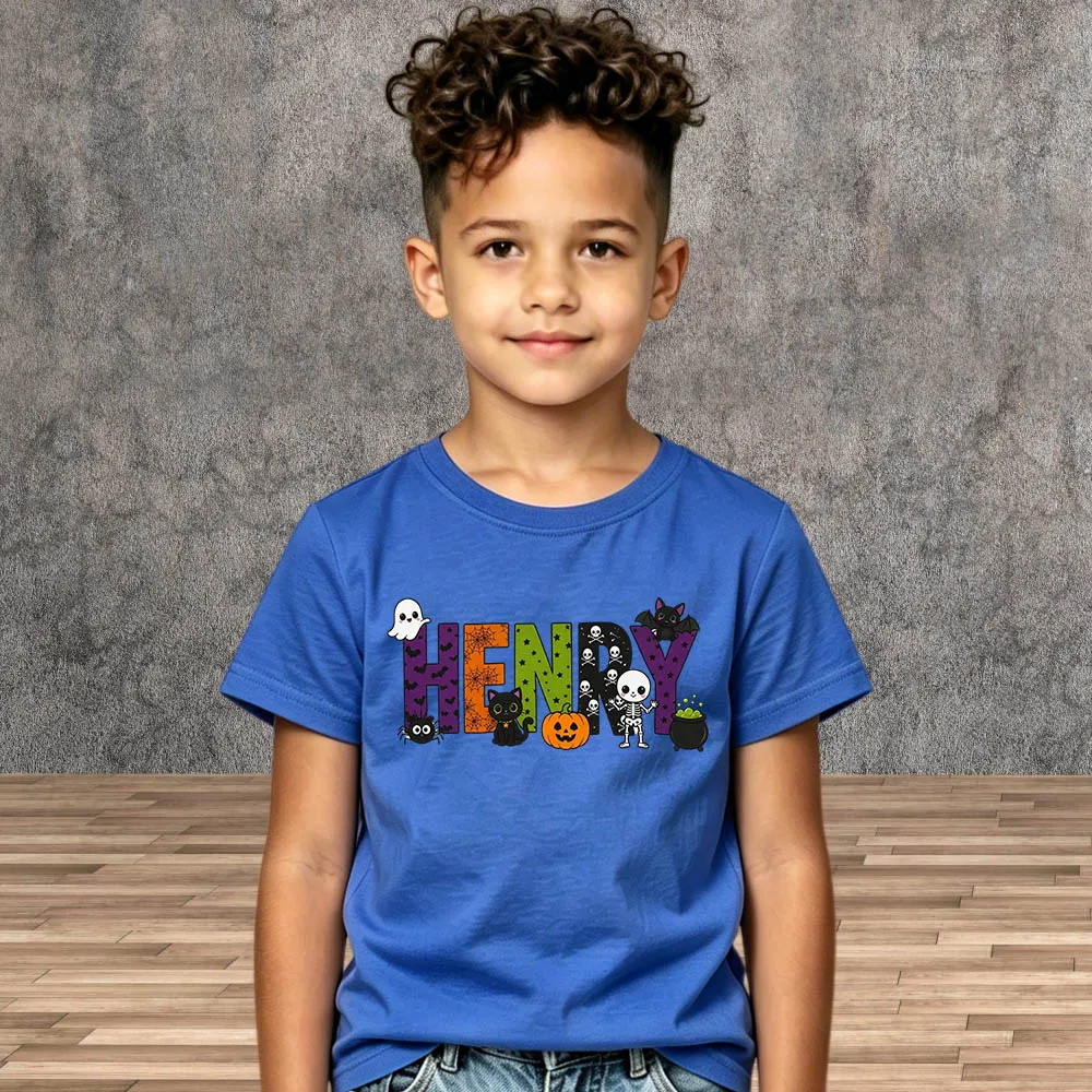 Toddler Boys Girls Halloween Shirt Personalized Custom Name Tee Ghost Pumpkin Bat Print Cotton Short Sleeve Children Party Tops