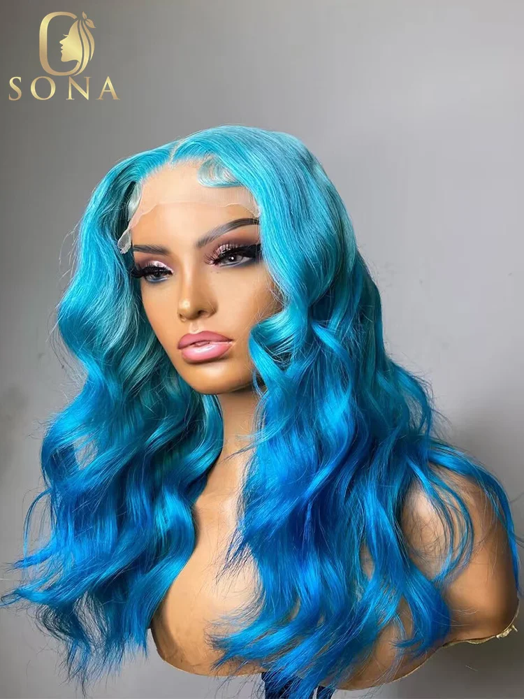 

13X6 HD Transparent Lace Frontal Wig 2 Tones Colored Ombre Light Blue Pink Body Wave 13X4 Front Wig Human Hair Wigs For Women