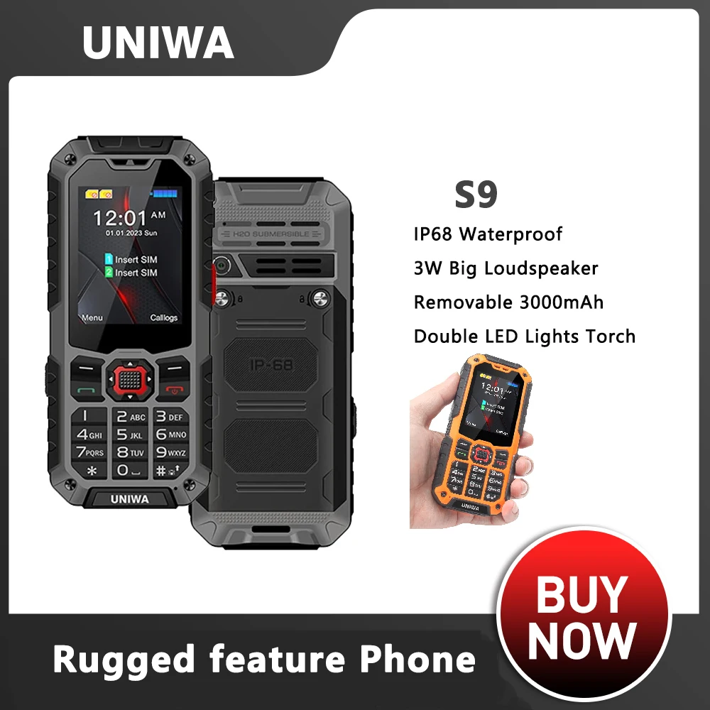 

UNIWA S9 2.4 Inch Rugged Phone 4G IP68 Waterproof Torch Cell Phone Feature Phone with Keypad