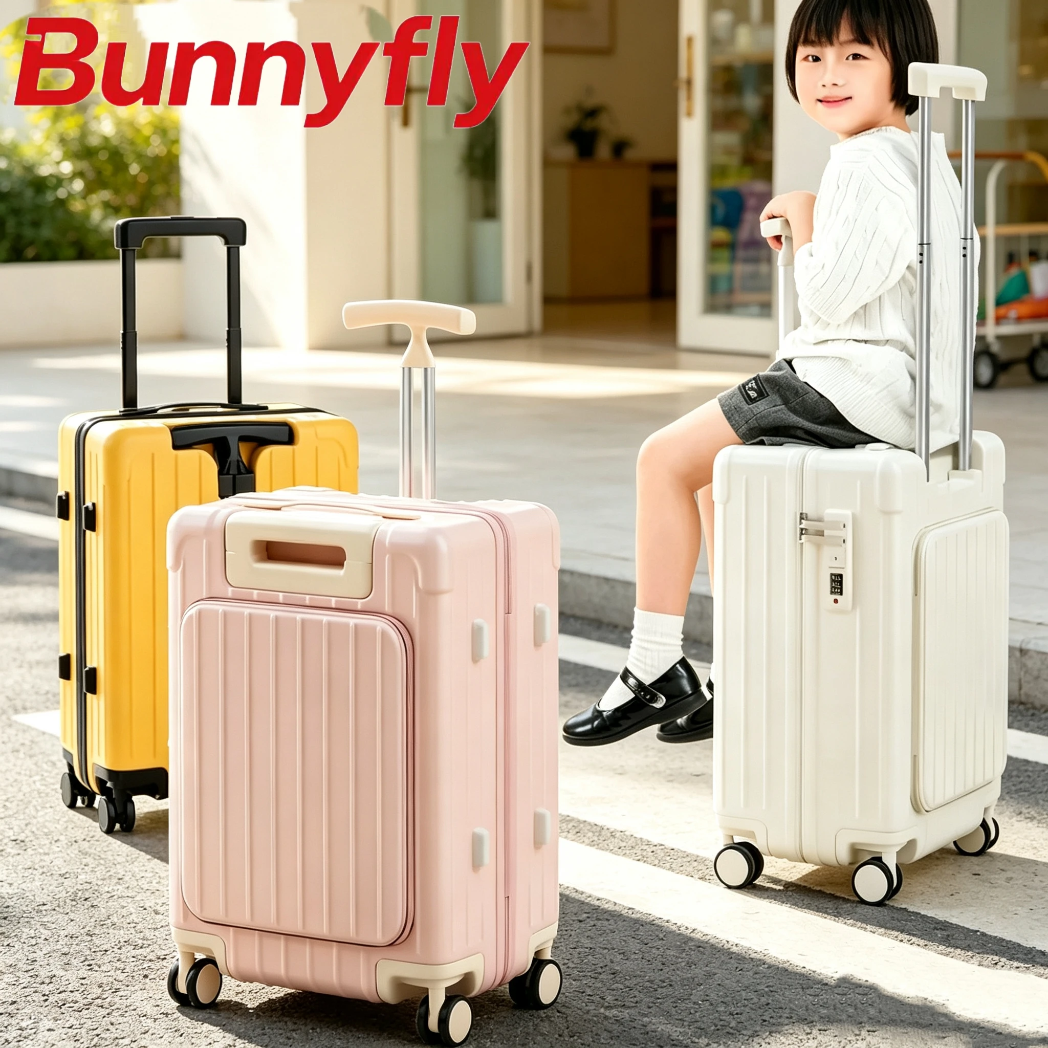 Bunnyfly Kid's Front Opening Suitcase with Spinner Wheels Laptop Trolley Case Carry-On Boarding Bag for Travel