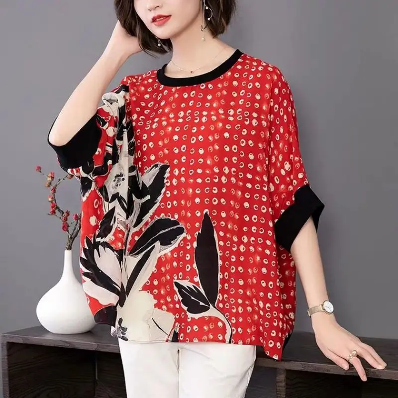 Blusa holgada de Chifón con manga de murciélago para mujer, Jersey informal con estampado Vintage que combina con todo, ropa coreana para Primavera,