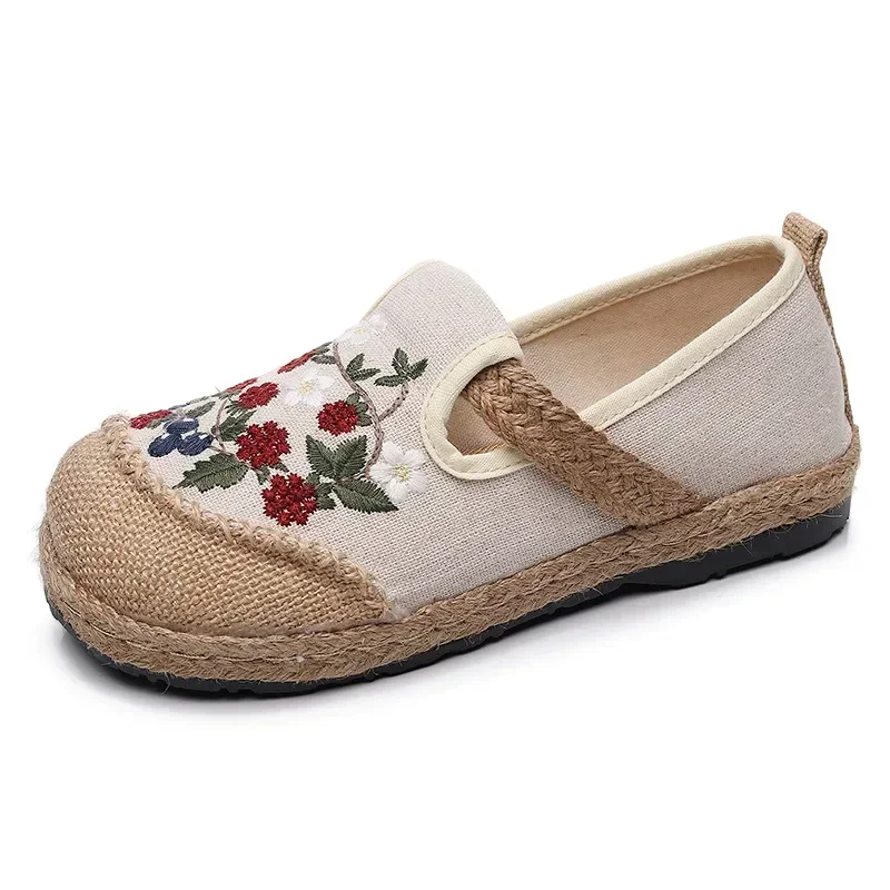 Women Linen Canvas Shoes Retro Bohemian Slip-On Flat Comfortable Loafers Ladies Casual Embroidered Hemp Sole Sneakers