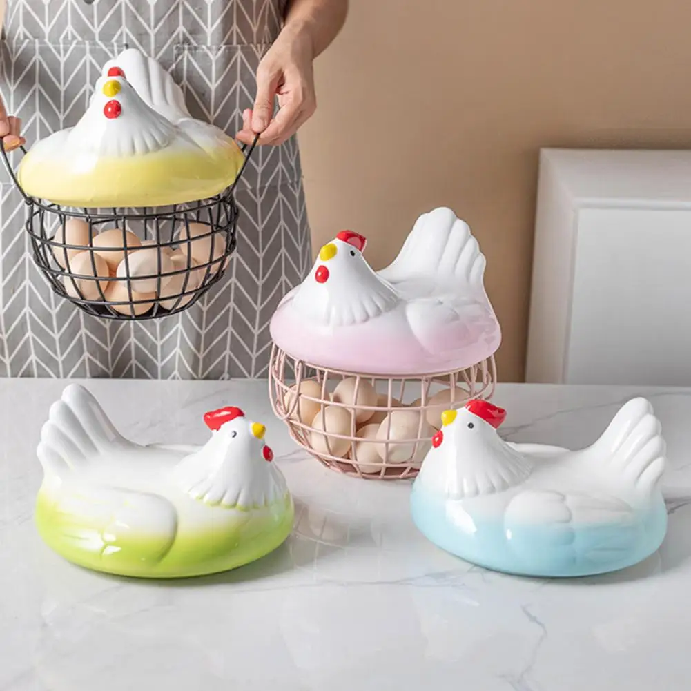 1 Set Wire Basket Modern with Ceramic Lid Chicken Egg Holder Rustic Wire Egg Collecting Basket for Dining Room