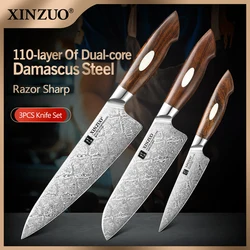 XINZUO 3PCS Kitchen Knives Sets Handmade Damascus Steel 58-62 HRC Chef+Santoku+Utility North American Desert Ironwood Handle