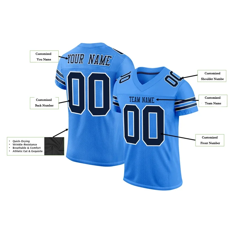 Blue Series Customized Football for Men Jersey Personlized Sew Team Football Short Sleeves Athletic Tee Shirts Unisex Top