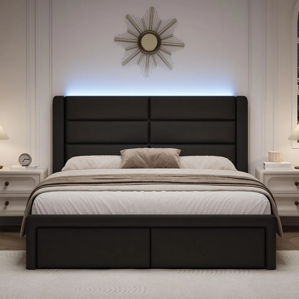 سرير حديث منجد من الجلد الصناعي مع لوح رأسي وأضواء LED ودعم شرائح خشبية للاستخدام الثقيل