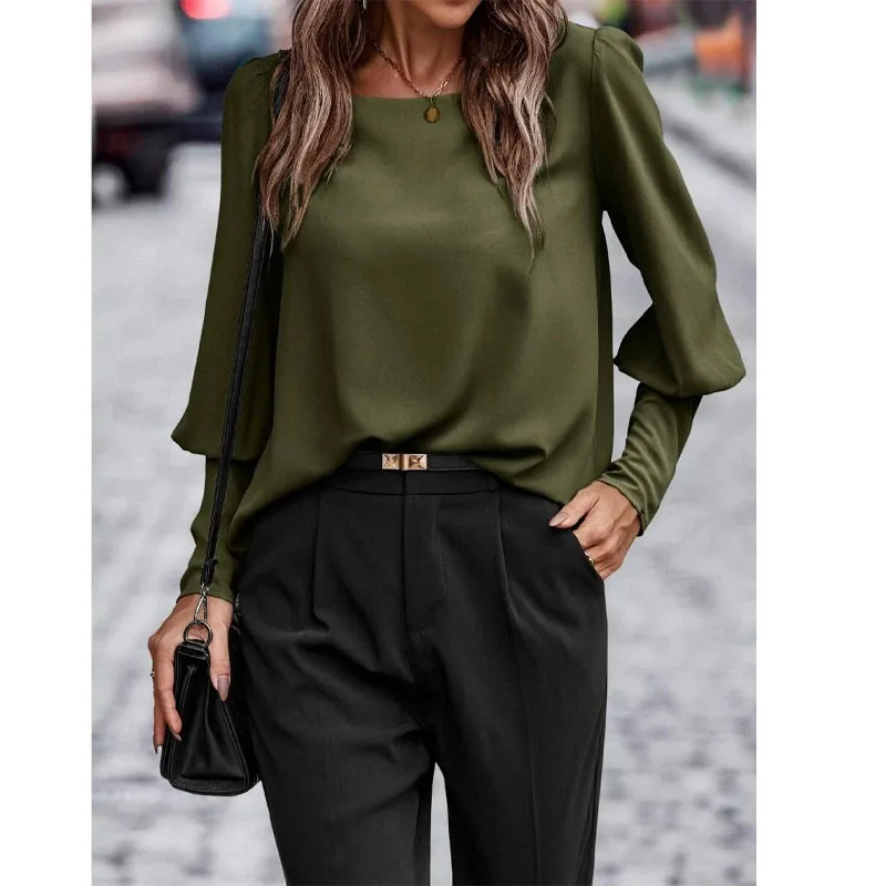 2023 New Autumn Fashion Talent Temperament Casual Solid Color Shirt Casual Loose Commuter Lantern Sleeve Button Women\'s Top