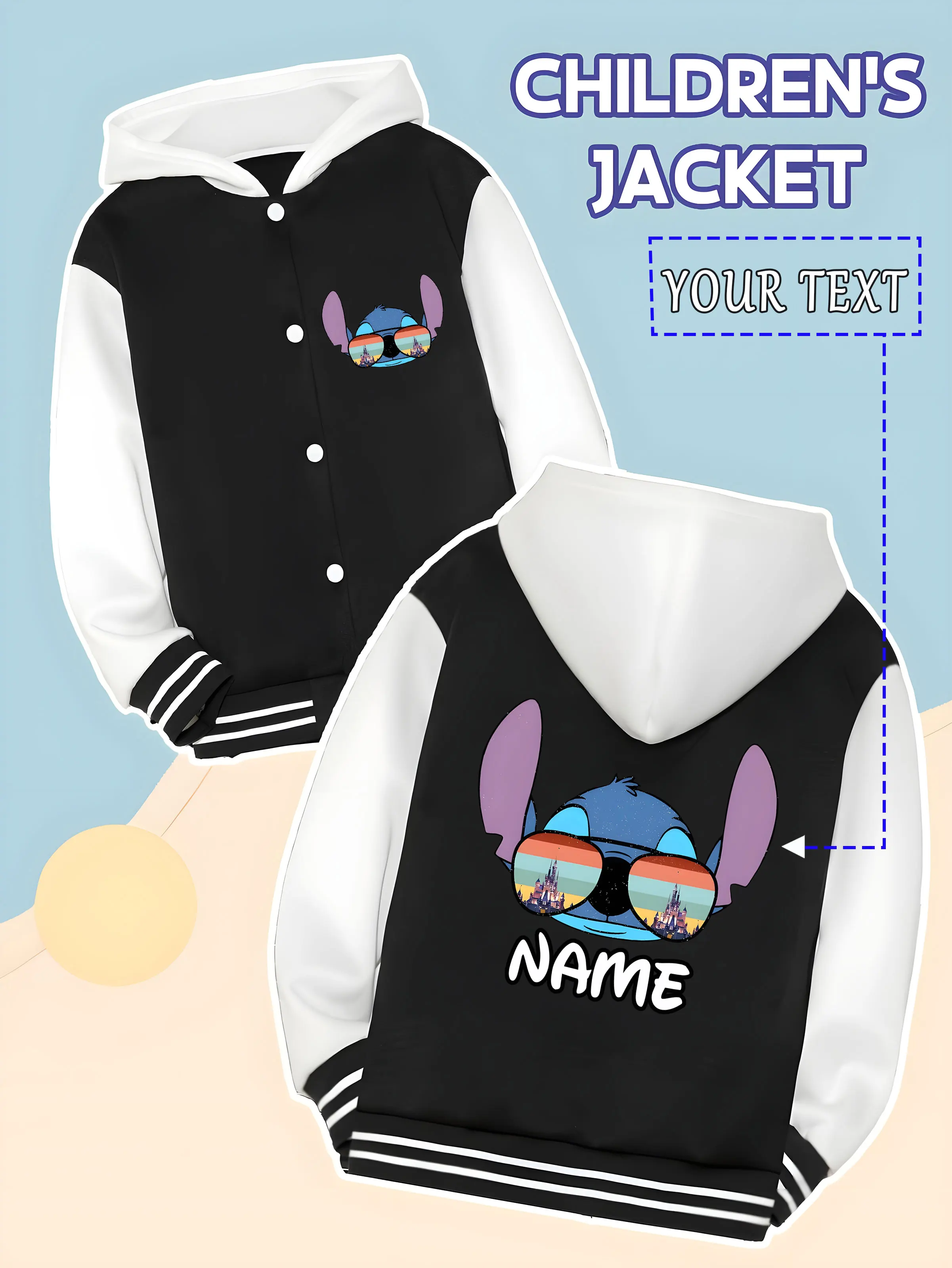 

MINISO Disney Stitch Colorful Sunglasses Children's Baseball Jacket - Stitch looks cool in sunglasses, trendy and eye-catching,