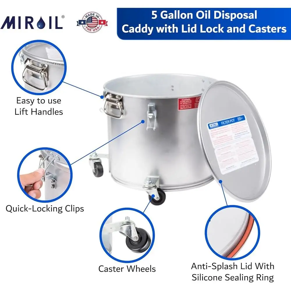 잠금 뚜껑과 클립이 있는 5갤런 오일 처리 캐디 캐스터 휠이 있는 견고한 강철 프라이어 그리스 버킷 안전한 운송