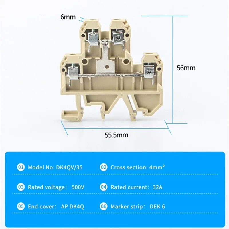 10Pcs DK-4QV/35 Din Rail Wire Conductor Connector Two-Level Screw Clamp Terminal Blocks Inflaming Type DK4QV/35