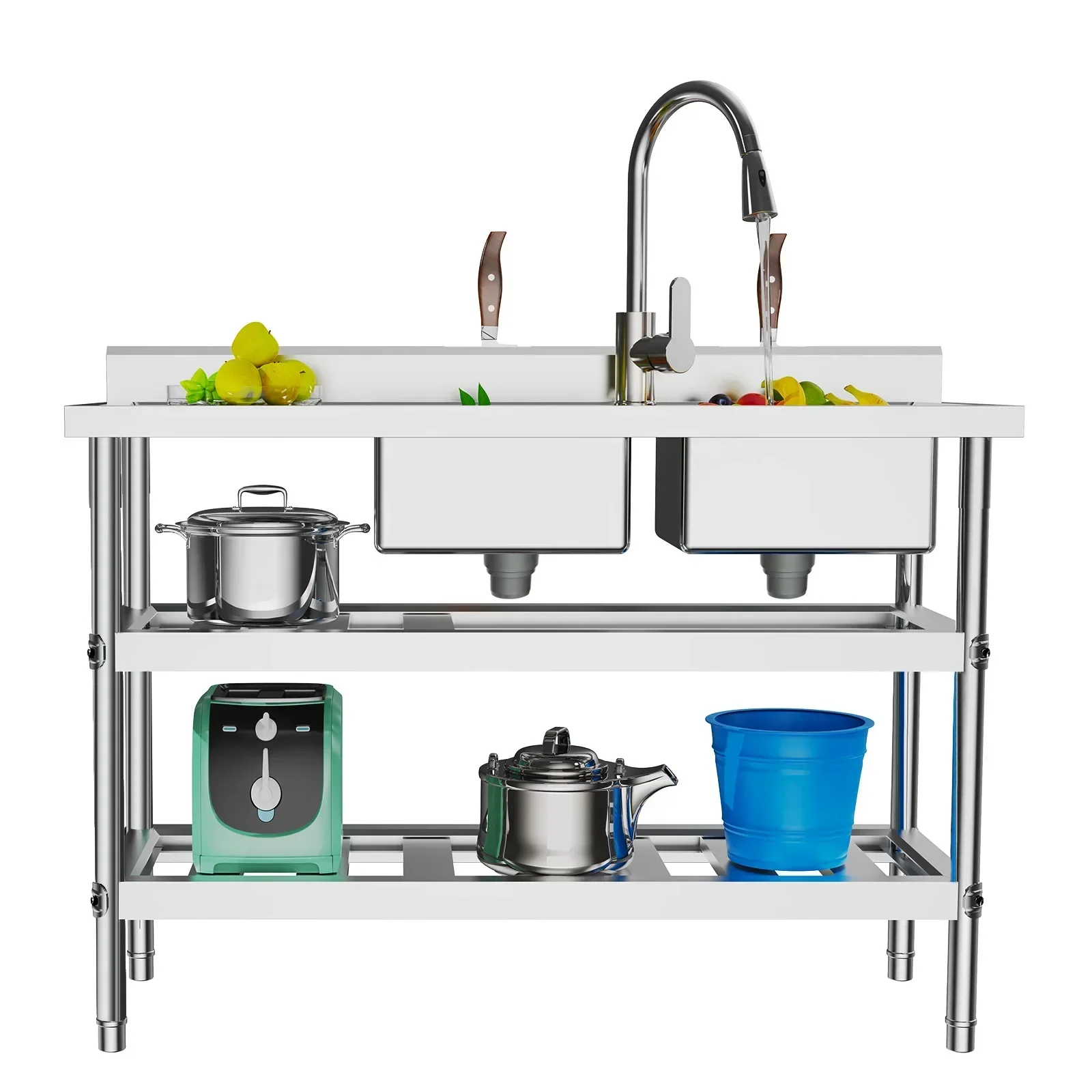 

201 Stainless Steel Utility Sink,Commercial Kitchen Sink, Free Standing Double Bowl Kitchen Sinks with Faucet & Drainage Pipes