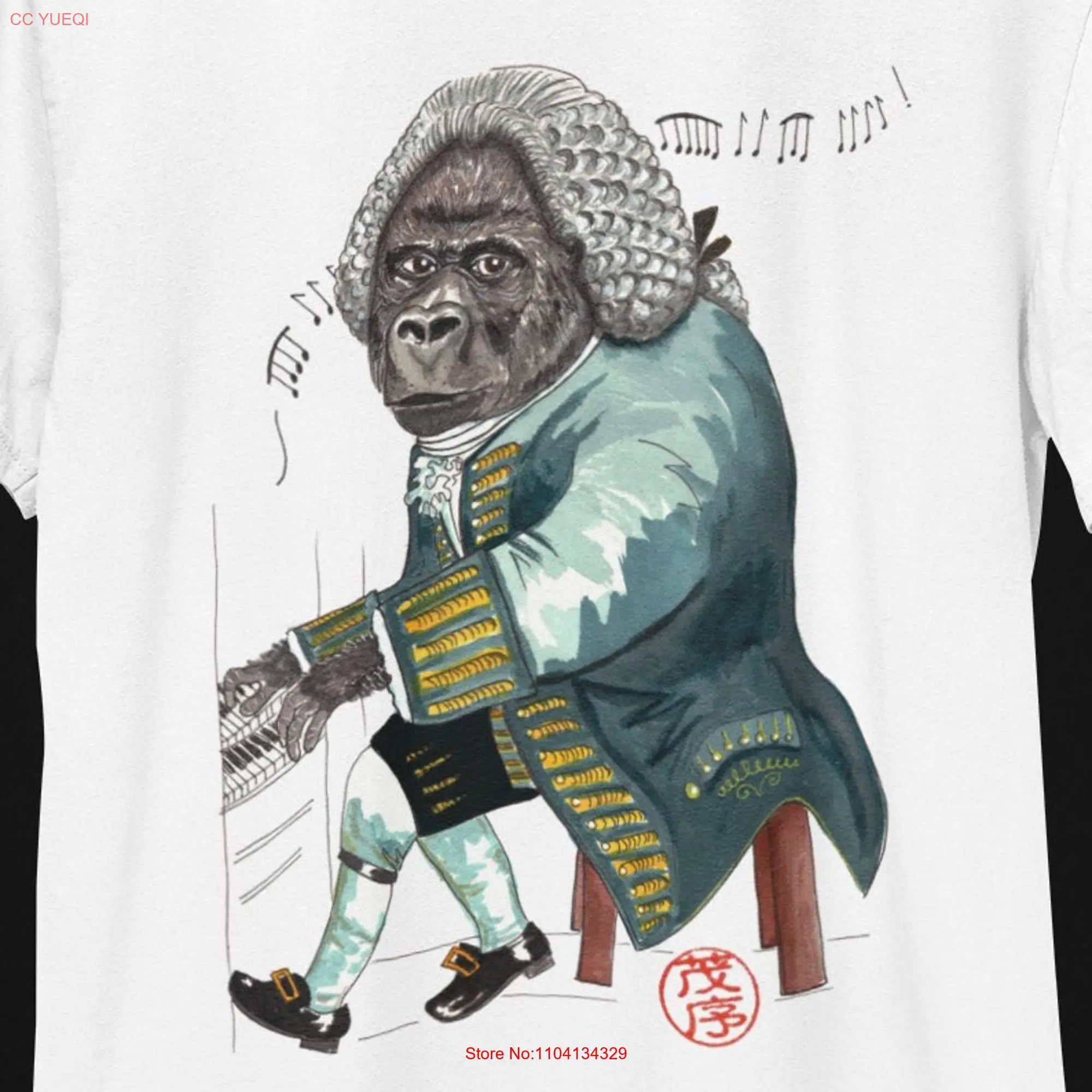 Gorilla T Shirt soft cotton Silverback Bach music organ playing whimsical apparel original art graphic design fun novelty gift