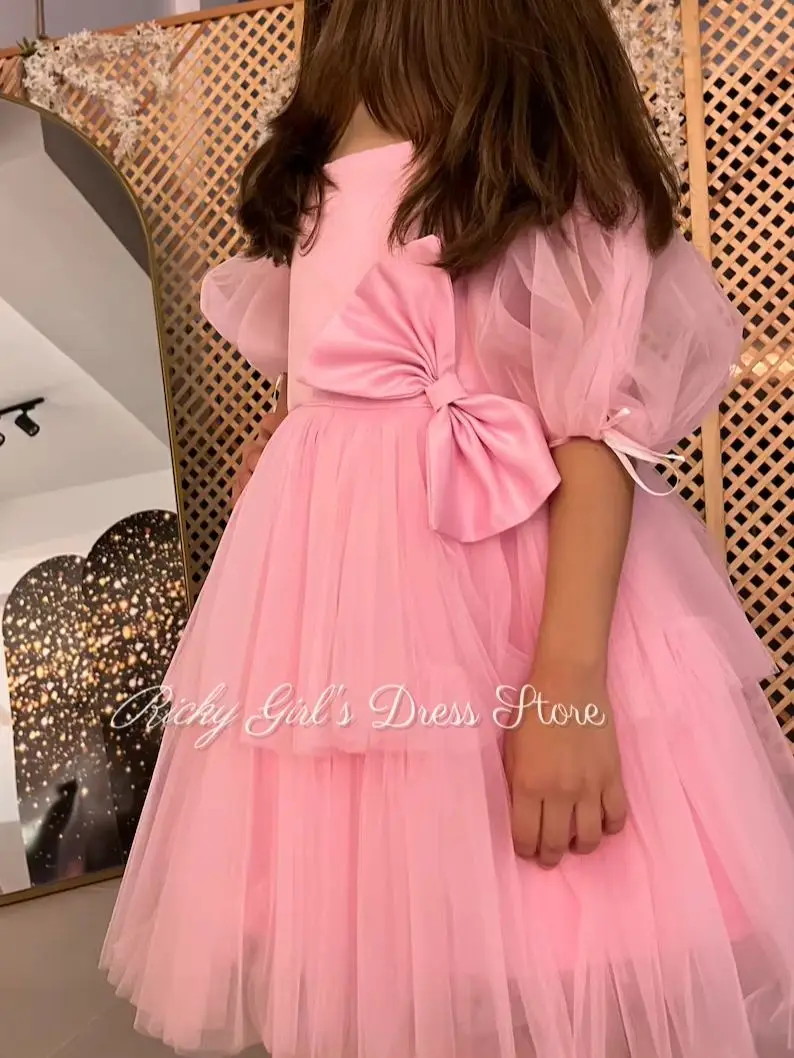 Customized Pink A Line High Low Fluffy Layered Tulle Flower Girl Dress For Wedding Party Spaghetti Straps Girls' Evening Dress