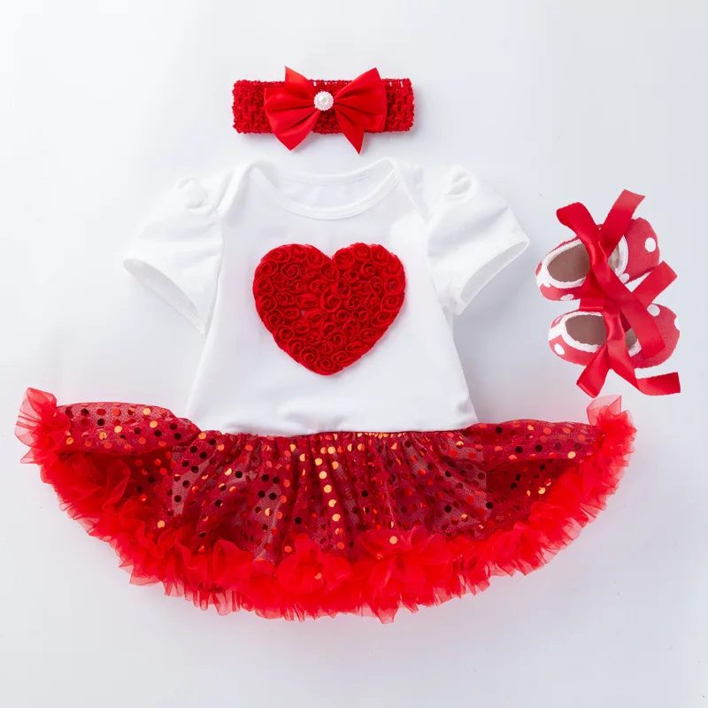 Summer New Baby Mother's Day Short Sleeve Sequin Mesh Romper Dress Heart Dress Baby Shoes Three-Piece Set