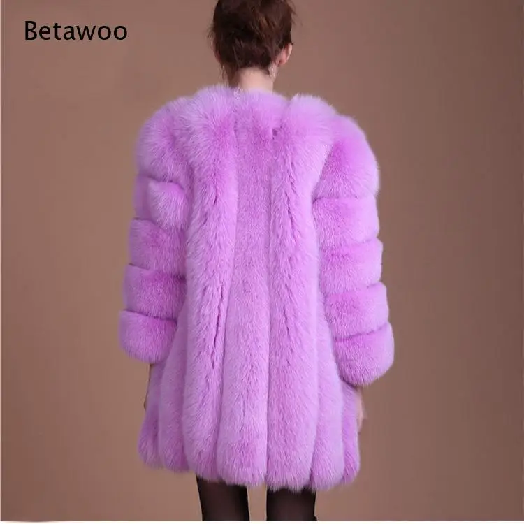 Women Open Front Faux Fox Fur Mid Length Coat Long Sleeve Plush Warm Outerwear for Party Daily Winter Wear