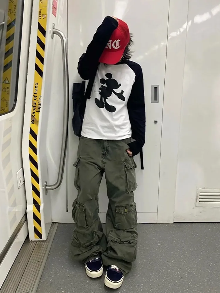 

American Retro Military een Multi-ket Work Pants Men Loose Wide Leg Straight Casual Long Trousers Faionable Cargo