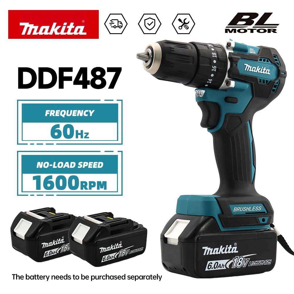 Makita DDF487 Cordless Impact Screwdriver Rechargeable Electric Drill 18V High Torque Variable Speed Brushless Motor Power Tool