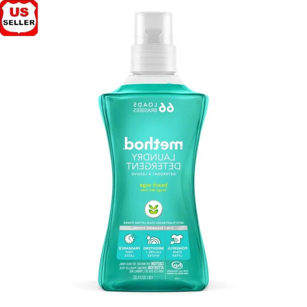 Detergente para ropa a base de plantas, fórmula concentrada de salvia de playa, 66 cargas, suciedad y manchas difíciles, líquido sin crueldad de alta eficiencia