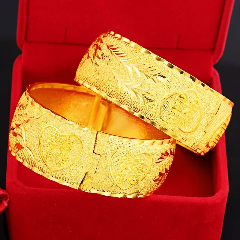 chines classico amarelo cor pulseira de ouro para mulheres noiva abrindo pulseiras pulseira dia dos namorados presentes de casamento joias 01