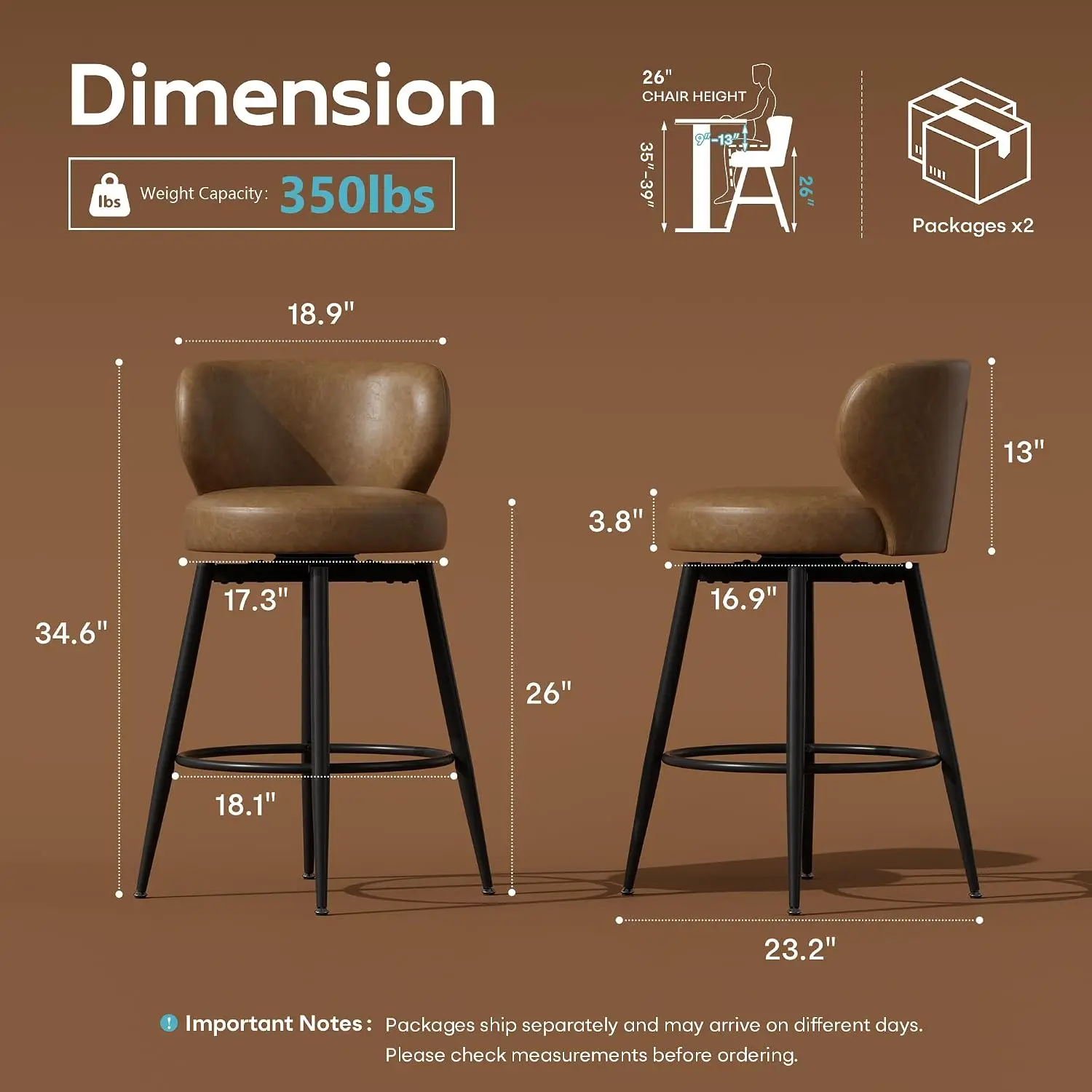 26" Swivel Leather Bar Stools Set of 4 with Back & Footrest Metal Legs for Kitchen Island Home Bar Dining Room, Custom image 3
