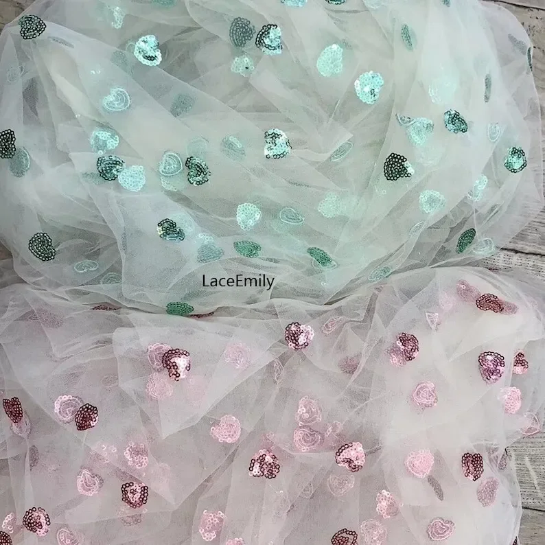 6 colori Love Heart ricamo con paillettes Tessuto di pizzo Morbido tulle di pizzo per abito cupcake Costume da ballo Abito da ballo Abito da ragazza