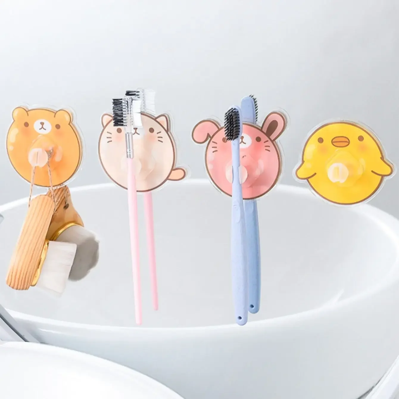 1 pc- Cartoon animal toothbrush holder, wall mounted adhesive plastic drill free toothbrush holder, bathroom supplies-random