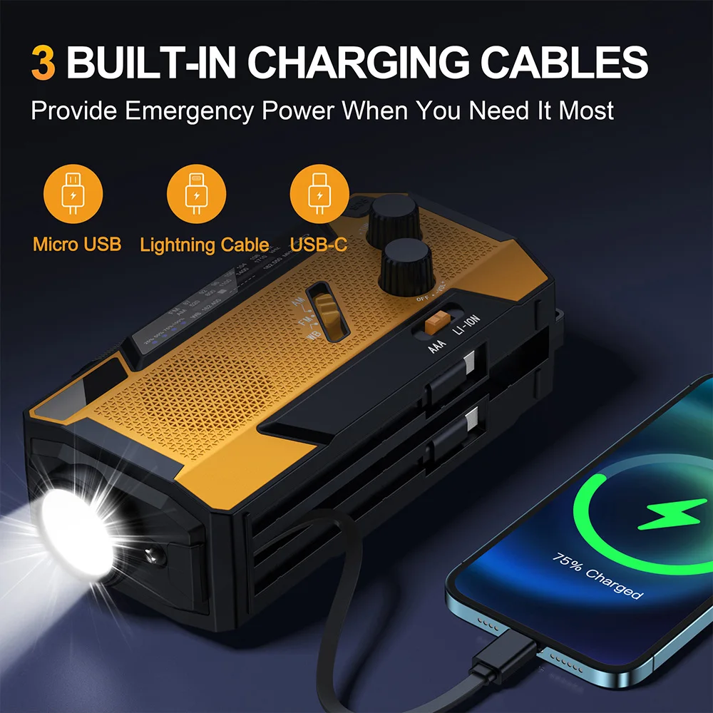Multifunction Solar Emergency Radio USB Rechargeable AM/FM Portable Radio Hand Crank Torch Flashlight Reading Lamp SOS Alarm