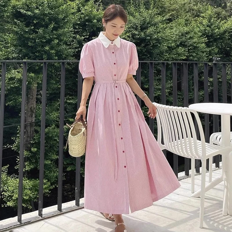 Retro Striped Waist-Cinching Long Dr Women's Ele Summer Slimming Midi Dr Bubble Sve irt Collar Single Button